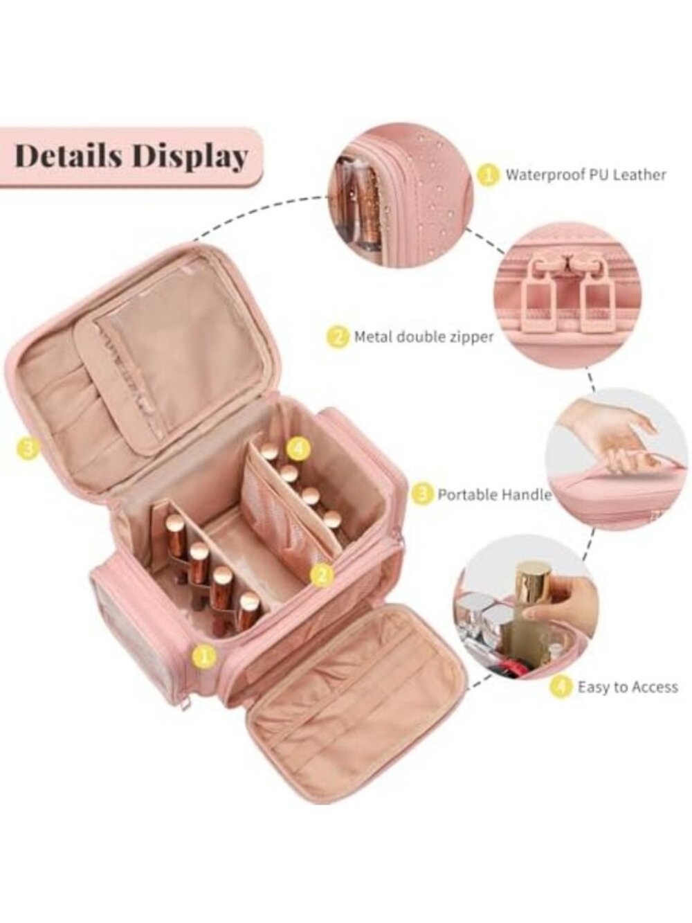 Spacious Pink Travel Makeup Bag for Girls - Stylish Cosmetic Organizer - Picture 3 of 6